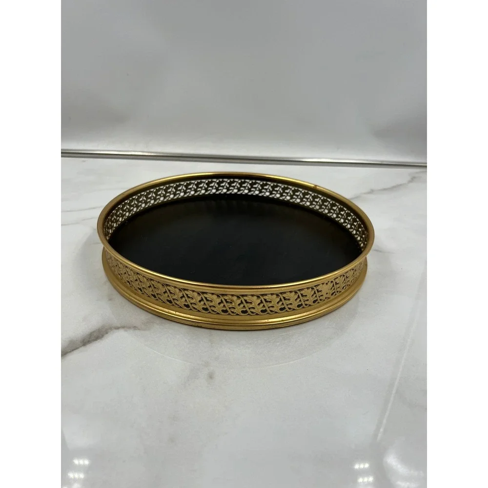 Vintage Gold Ornate Filigree Round Vanity Tray Black Base Hollywood Regency 10in